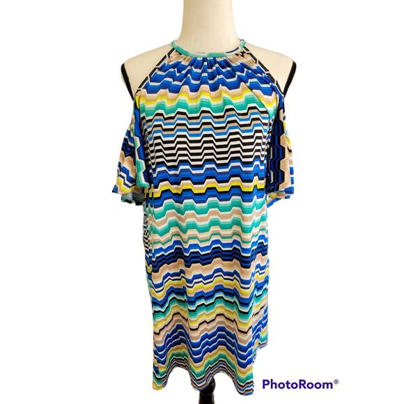 Trina Turk Sz S Abstract Polyester Cold Shoulder Halter Sun Dress - Picture 2 of 6